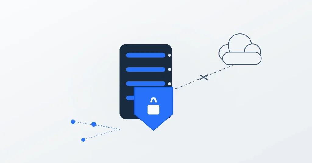 Illustrazione di un server domestico protetto da uno scudo, scollegato da un cloud di terze parti