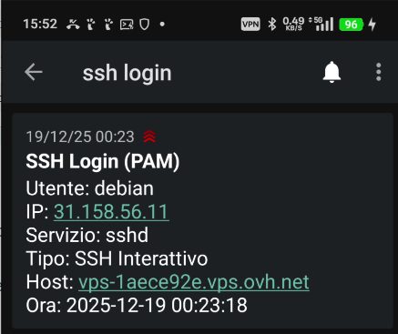 Notifica push ntfy su smartphone Android per login SSH con PAM: mostra utente debian, IP sorgente e hostname del server VPS