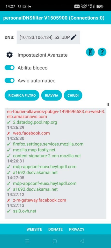 PersonalDNSfilter blocca connessioni Meta
