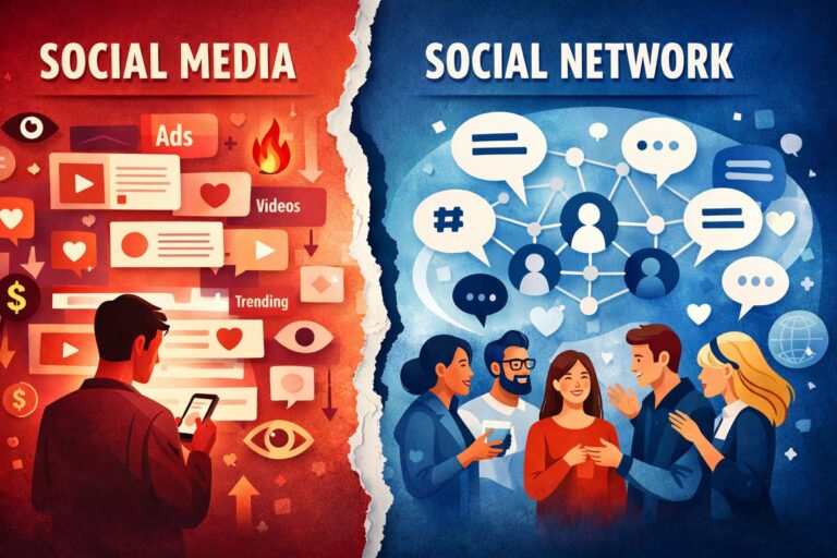 Illustrazione che contrasta social media vs social network